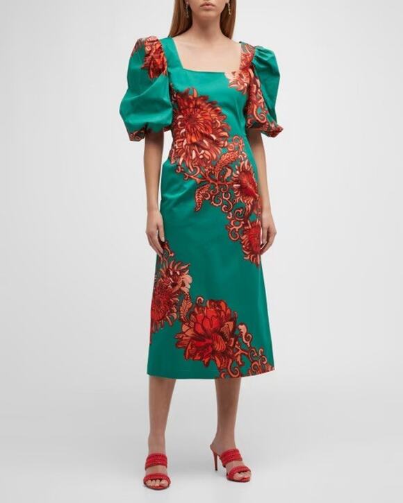 La Doublej Dresses & Skirts - NWT La Doublej Sizzler Printed Midi Dress Puff Sleeves Teal Print XS